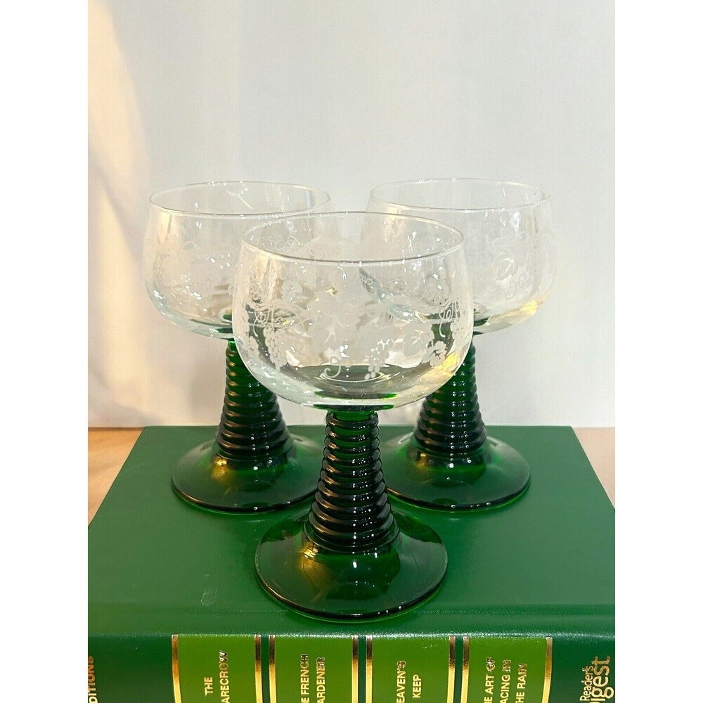 3 Vtg Roemer Green Stem Stacked Beehive Glasses Etched Grape Leaf Pattern 0.1 L